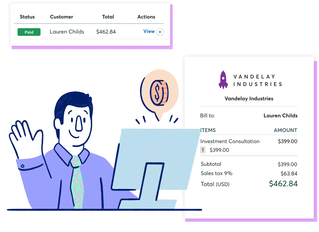 Affiliate marketer sitting in front of their computer getting paid a commission for referring Wave. A simplified consulting invoice is on the right.